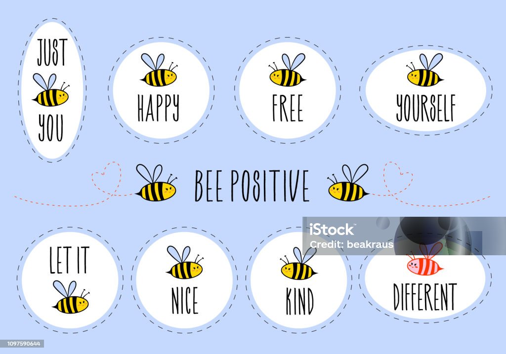 Motivational quotes with cute bee, vector sticker set Motivational stickers with quotes, be happy, be free, be yourself, be kind, be different, set of vector graphic design elements Bee stock vector