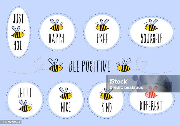 Motivational Quotes With Cute Bee Vector Sticker Set Stock Illustration - Download Image Now