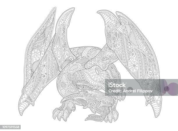 Adult Coloring Book Page With European Dragon Stock Illustration - Download Image Now - Animal Wing, Characters, Dragon