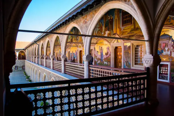 The Kykkos monastery terrace decorated with beautiful icons, depicting the life of the saints