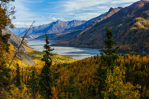 Scenic view of the glacial fed Matanuska River on a crisp autumn day.