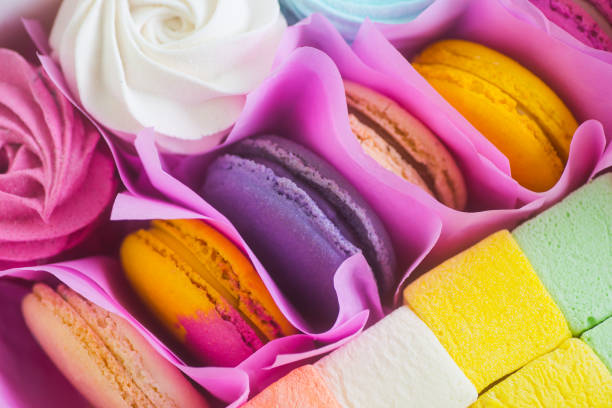 Closeup colorful set of different sweet marshmallow and macaroons