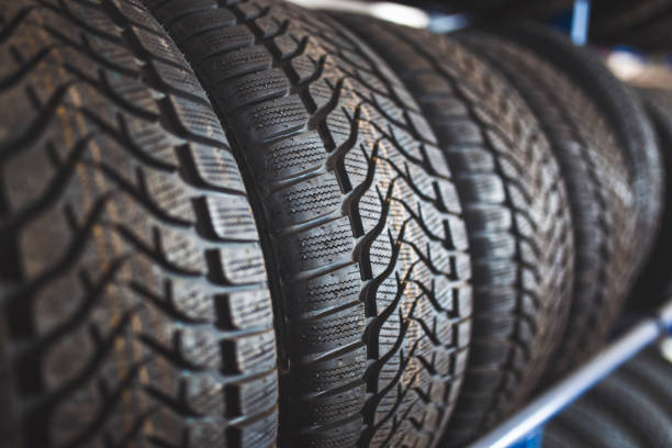 New winter tires for sale in store stock photo
