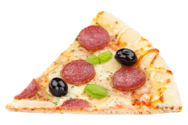 Pizza pepperoni salami slice isolated on a white background
