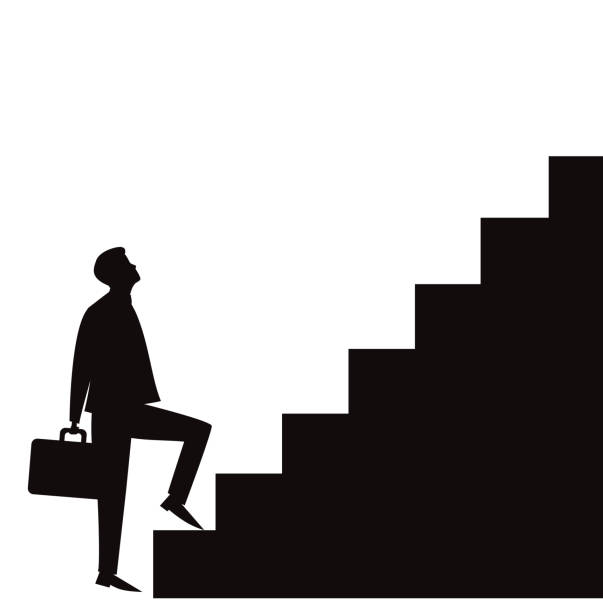 ilustraciones, imágenes clip art, dibujos animados e iconos de stock de hombre de negocios subir éxito la escalera. blanco y negro de silueta - black ladder white staircase