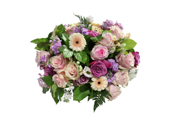 istock Delicate bouquet of colorful roses and gerberas on a white background 1097609846