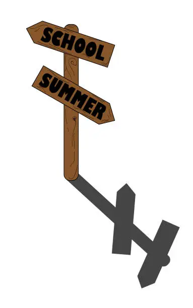 Vector illustration of Wooden sign with two directions: Summer and School. Concept of back to school.