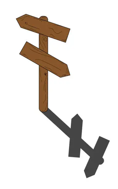 Vector illustration of Wooden sign with two directions and shadow. Wooden post with with directions to the right and left to add text or elements.
