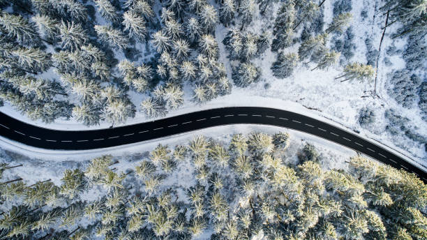 istock Road through the wintery forest - aerial view 1097617204