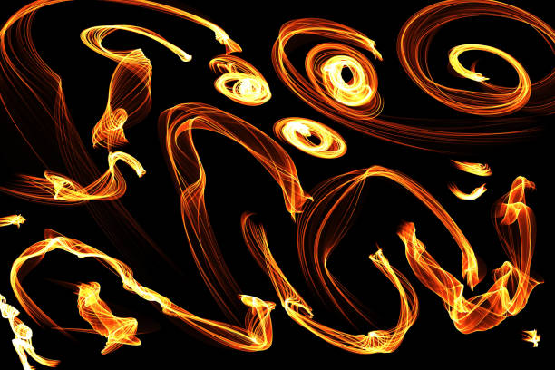 istock Abstract Patterns On Dark Background With Orange And Yellow Lines Curves Particles 1097617556