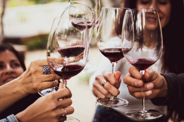 Friends Toasting with Wine happy Friends Toasting with red Wine napa county stock pictures, royalty-free photos & images