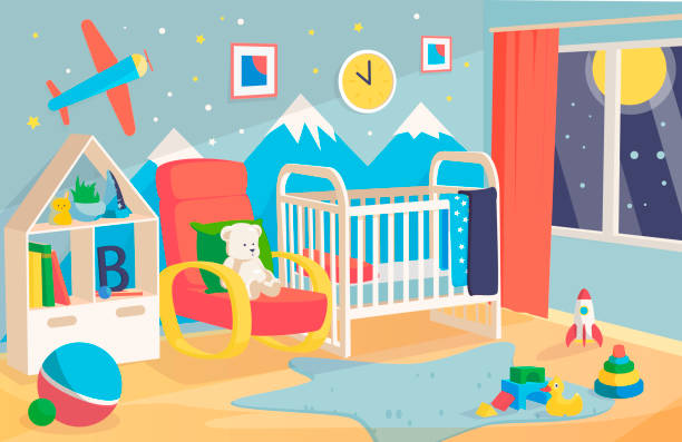 istock Children's room interior, with a cot, chair for mother. Kid boy room interior vector illustration 1097621182