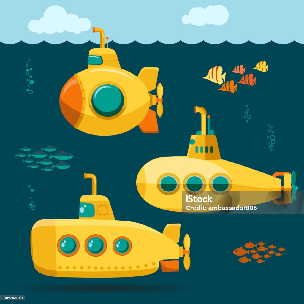 Yellow Submarine undersea with fishes, cartoon style. Vector - Royalty-free Submarino - Veículo Aquático arte vetorial