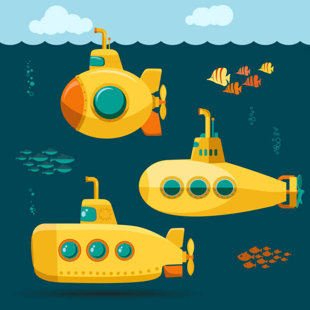 Yellow Submarine undersea with fishes, cartoon style. Vector Yellow Submarine undersea with fishes, cartoon style, with periscope, bathyscaphe underwater ship, Diving Exploring At the Bottom of Sea Flat design. Vector undersea stock illustrations
