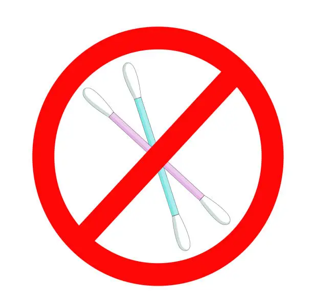 Vector illustration of Set of cotton swabs with a forbidden sign. Prohibition concept. Polluting material for the sea and the environment, unhealthy. Isolated vector.