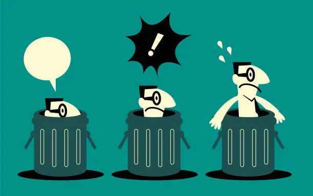Vector illustration of Office worker inside of trash can (garbage bin)