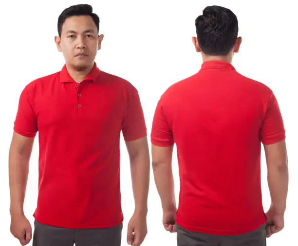 Blank collared shirt mock up template, front and back view, Asian male model wearing plain red t-shirt isolated on white. Polo tee design mockup presentation for print.