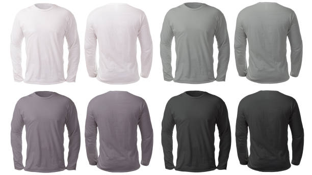 White Black Gray Long Sleeved Shirt Design Template Blank long sleeved shirt mock up template, front and back view, isolated on white, plain black white and gray t-shirt mockup. Tee sweater sweatshirt design presentation for print. white long sleeve shirt stock pictures, royalty-free photos & images