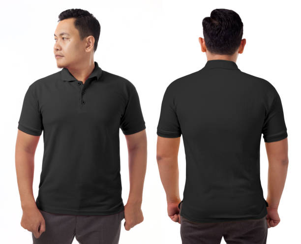 Black Collared Shirt Design Template Blank collared shirt mock up template, front and back view, Asian male model wearing plain black t-shirt isolated on white. Polo tee design mockup presentation for print. polo shirt stock pictures, royalty-free photos & images