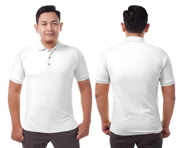 Blank collared shirt mock up template, front and back view, Asian male model wearing plain white t-shirt isolated on white. Polo tee design mockup presentation for print.