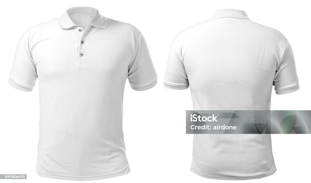 White Collared Shirt Design Template Blank collared shirt mock up template, front and back view, isolated on white, plain t-shirt mockup. Polo tee design presentation for print. Polo Shirt Stock Photo