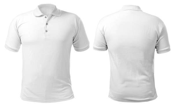 White Collared Shirt Design Template Blank collared shirt mock up template, front and back view, isolated on white, plain t-shirt mockup. Polo tee design presentation for print. polo shirt stock pictures, royalty-free photos & images