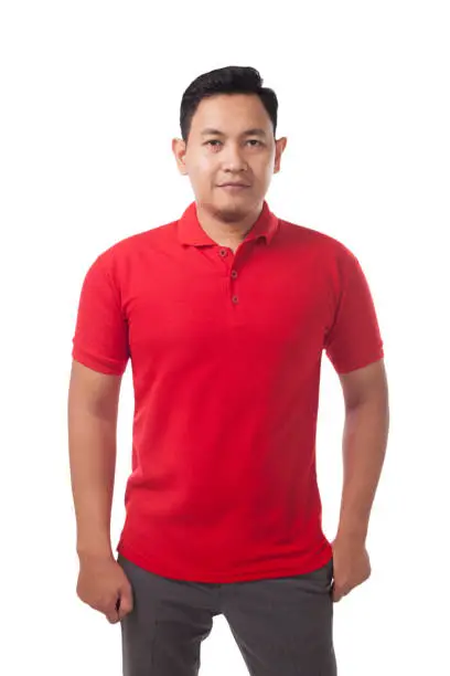 Blank collared shirt mock up template, front view, Asian male model wearing plain red t-shirt isolated on white. Polo tee design mockup presentation for print.