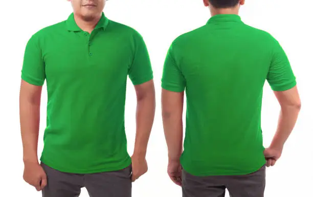 Blank collared shirt mock up template, front and back view, Asian male model wearing plain green t-shirt isolated on white. Polo tee design mockup presentation for print.
