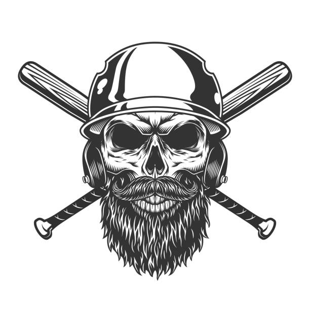 Vintage monochrome skull in baseball helmet Vintage monochrome skull in baseball helmet with beard mustache and crossed bats isolated vector illustration cross match stock illustrations