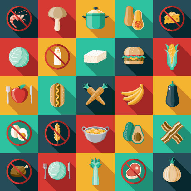 Vegetarian Vegan Flat Design Icon Set A flat design/thin line icon on a colored background. Color swatches are global so it’s easy to edit and change the colors. File is built in CMYK for optimal printing and the background is on a separate layer. allergy icon stock illustrations