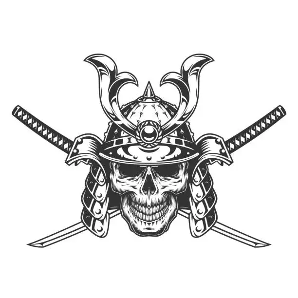 Vector illustration of Vintage monochrome skull in samurai helmet