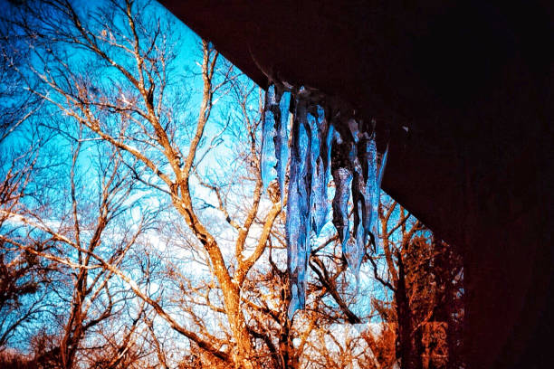 großen eiszapfen hängen von der decke in wisconsin - low angle view - icicle hanging snow moving down stock-fotos und bilder