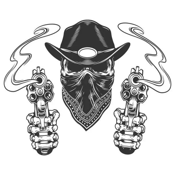 Vector illustration of Skull in cowboy hat and scarf