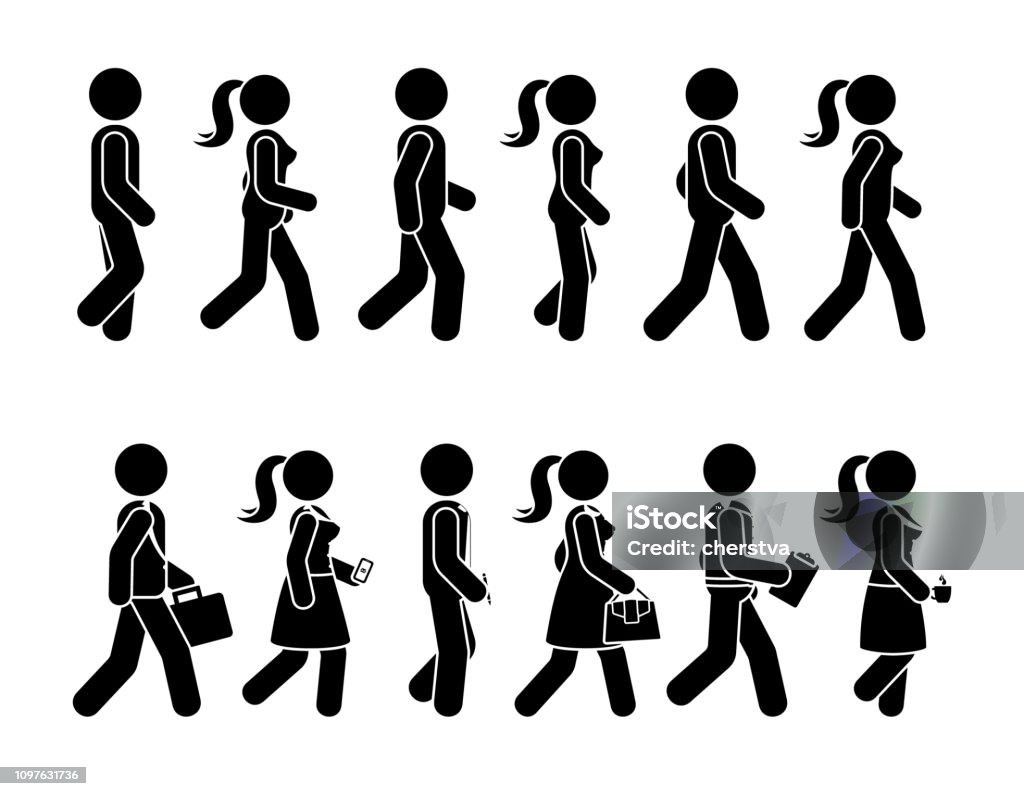 Bonhomme allumette marche homme et femme vector icon set. Groupe de personnes qui se déplacent le pictogramme de la séquence avant - clipart vectoriel de Marcher libre de droits