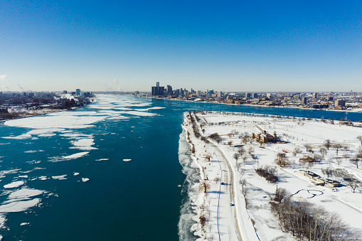 Belle Isle with Detroit river Winter aerial
