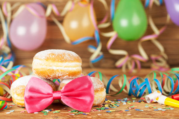 istock Carnival background with party decoration and cake 1097638852