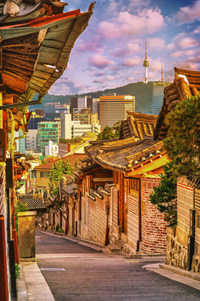 Sunset veiw of Bukchon Hanok Village in Seoul, South Korea stock photo