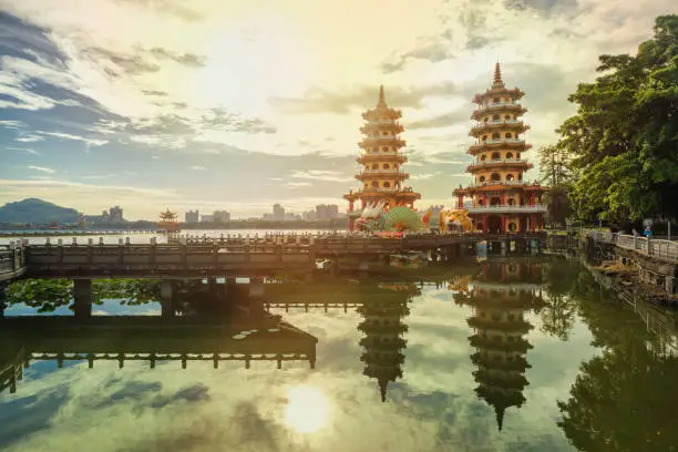 Photo of Dawn view of Dragon and  Tiger Pagodas in Lotus Pond ,Kaohsiung, Taiwan