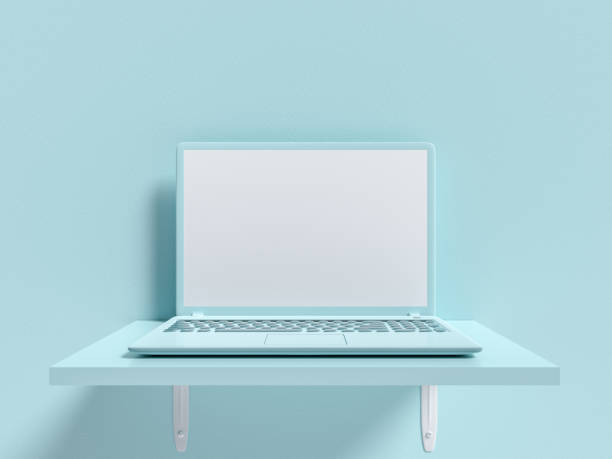Minimal idea concept. Laptop  mock-up on shelf wooden blue