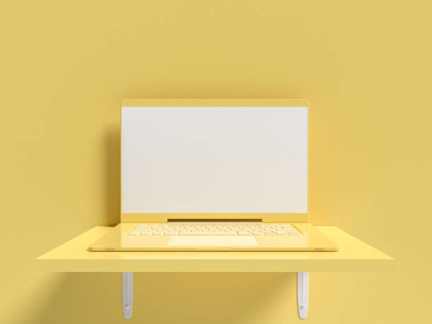 istock Minimal idea concept. Laptop  mock-up on shelf wooden 1097642412