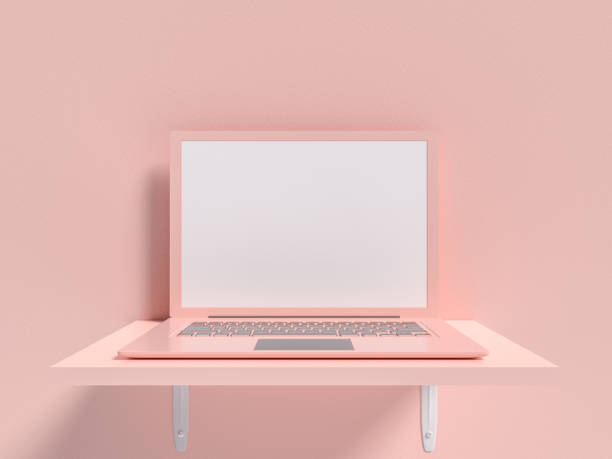istock Minimal idea concept. Laptop  mock-up on shelf wooden pink 1097642440