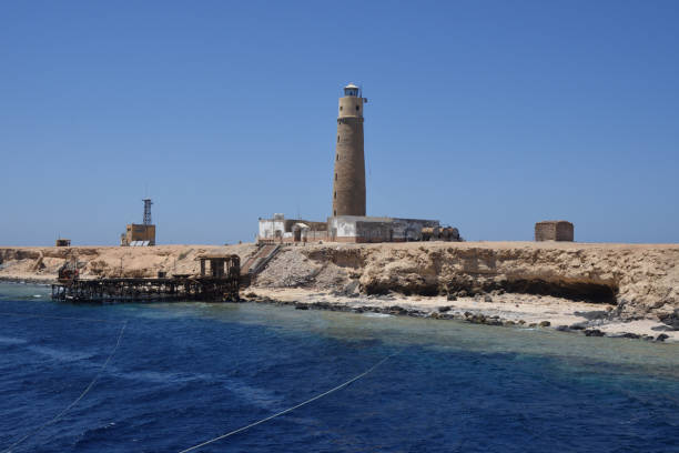 Lighthouse on the Brothers Islands, a popular dive destination in the Red Sea, Egypt. Built by the British in 1883 and renovated in 1993, the lighthouse is operated by the Egyptian Navy.