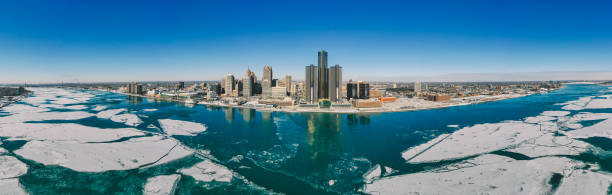 istock Detroit waterfront river Winter aerial 1097642532