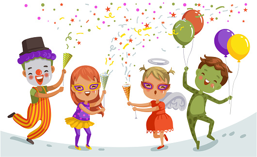 Group of child celebrate  party together. Funny kid clown. Hero girl, fantasy frogman, mascot and little angel in cute red dress. The color of the festive party of children.