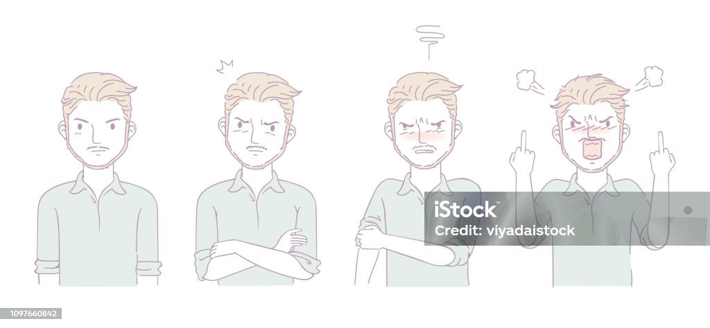 Angry man Man shouting angrily. Sort the mood changes. Emotions and gestures male characters. Hand drawn of doodle design. vector illustrations Isolated on white background. Activity stock vector