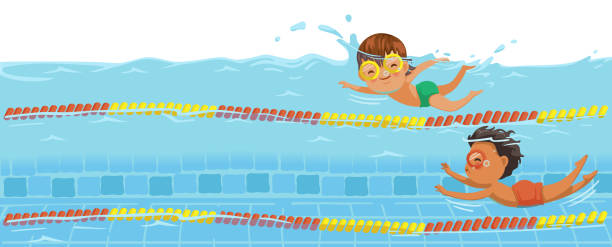 Boys swimming Boys swimming. Swimmers racing in the pool. Underwater view on the water Of the pool. Billboard or branner design. Gaps fill your data to fill. Concept for web pages, schools,Special sports classes. cartoon of a swimming goggles stock illustrations