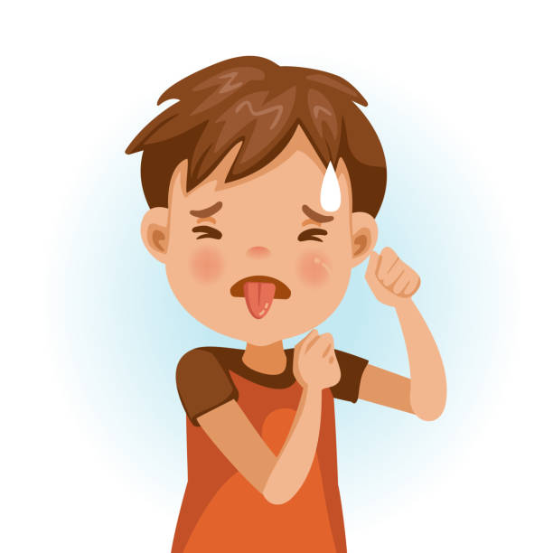 Boy disgusted Little boy looking of disgust. asian child expression of disgust with emotions and gestures. refusing food concept. Cartoon character vector illustration isolated on white background. clip art of a yuck mouth stock illustrations