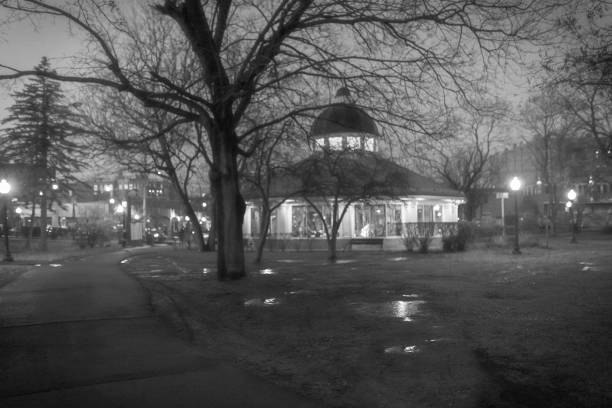 Lighted Carousel in Foggy Park at Dusk stock photo