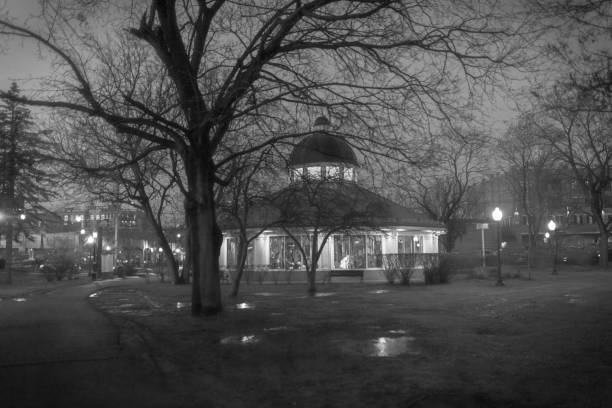 Lighted Carousel in Foggy Park at Dusk stock photo