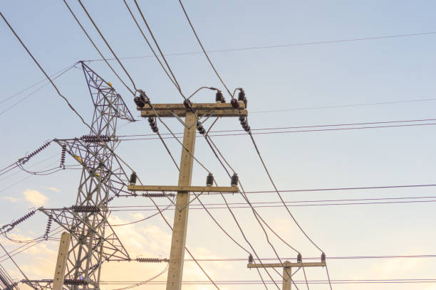 istock Electricity concept. Close up high voltage power lines station. 1097680246